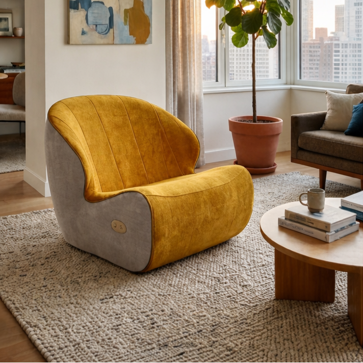 LumaEase Lounge Chair (Yellow/Blue) – Designer Lounge with Gentle Vibration and Light Therapy Features for Daily Comfort and Stress Relief